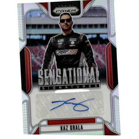 Black and red 2025 panini prizm kaz grala sensational signatures trading card with autograph in racing suit