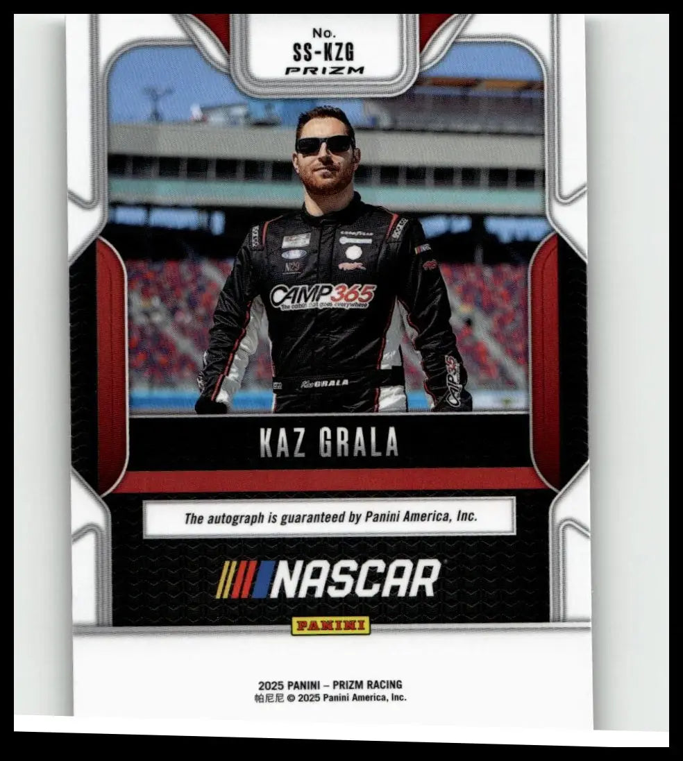 Black and white nascar trading card of kaz grala in racing suit with red silver borders from 2025 panini prizm grala sensational signatures