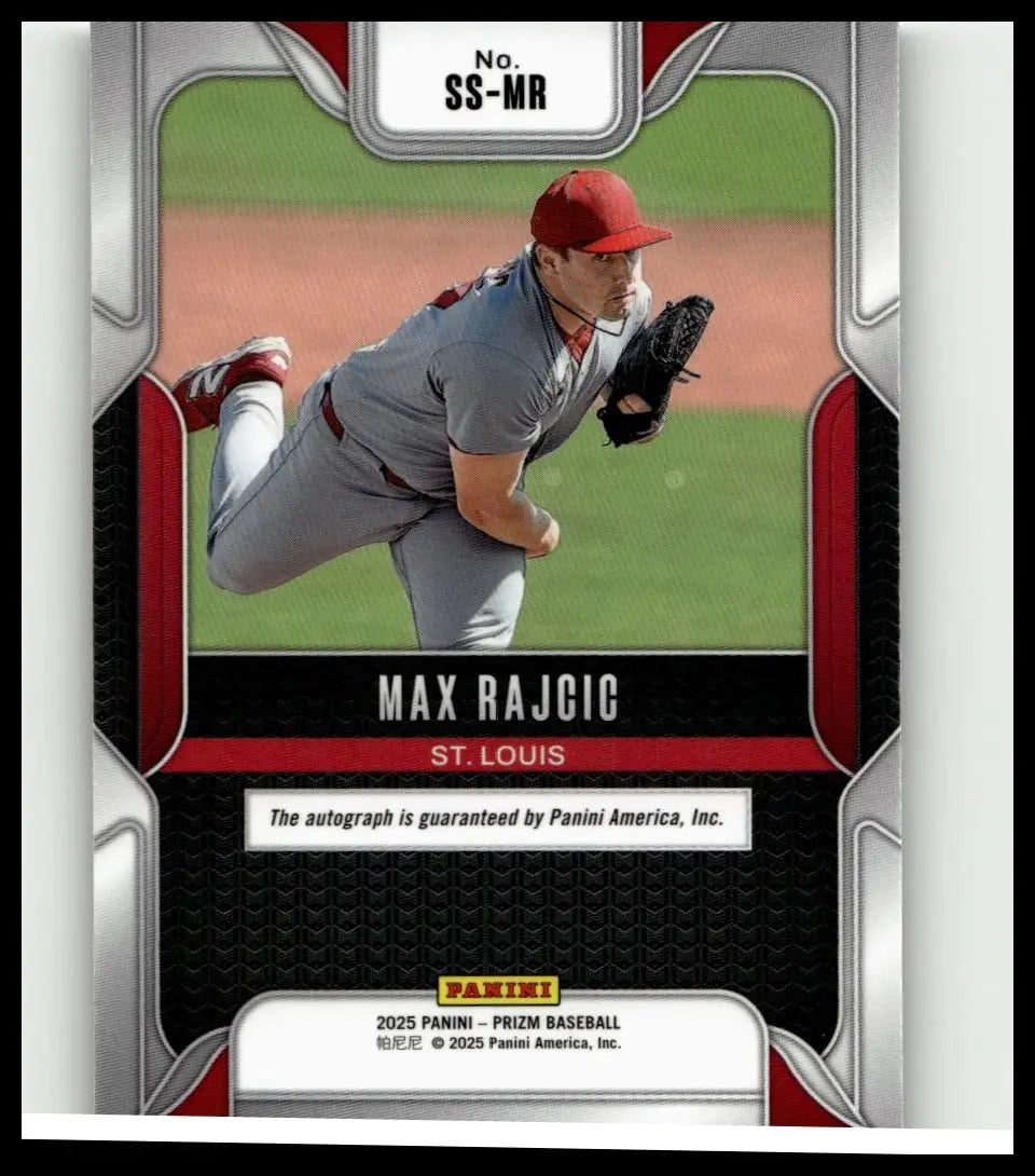 Silver and red framed 2025 panini prizm max rajcic sensational signatures baseball trading card showing pitching motion