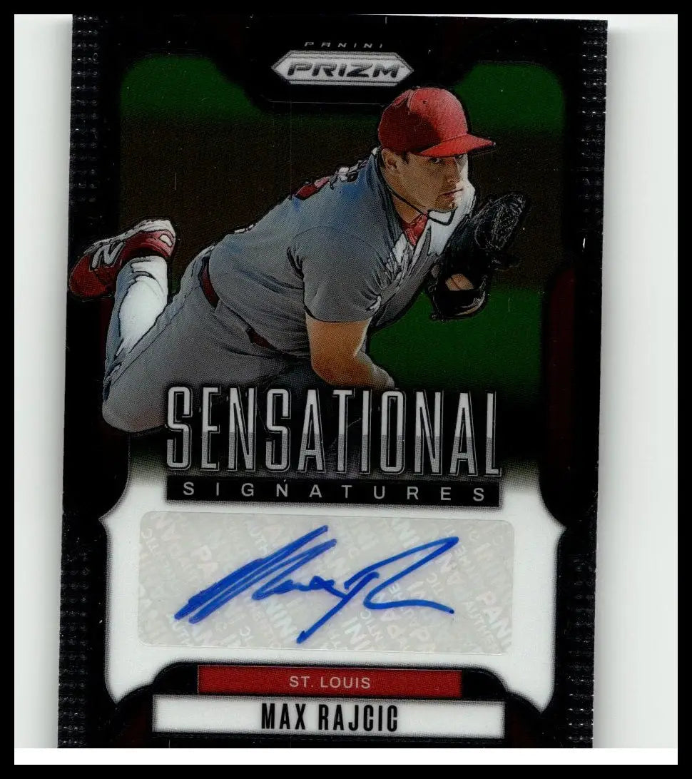 A black and silver 2025 panini prizm max rajcic sensational signatures baseball card with autograph on white panel