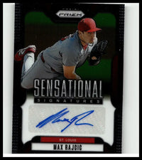 A black and silver 2025 panini prizm max rajcic sensational signatures baseball card with autograph on white panel