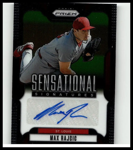 A black and silver 2025 panini prizm max rajcic sensational signatures baseball card with autograph on white panel
