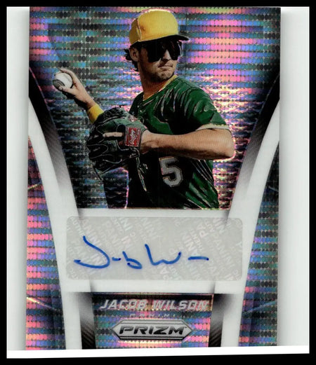 A 2025 panini prizm jacob wilson throwback signatures pulsar prizm baseball card with holographic background and autograph