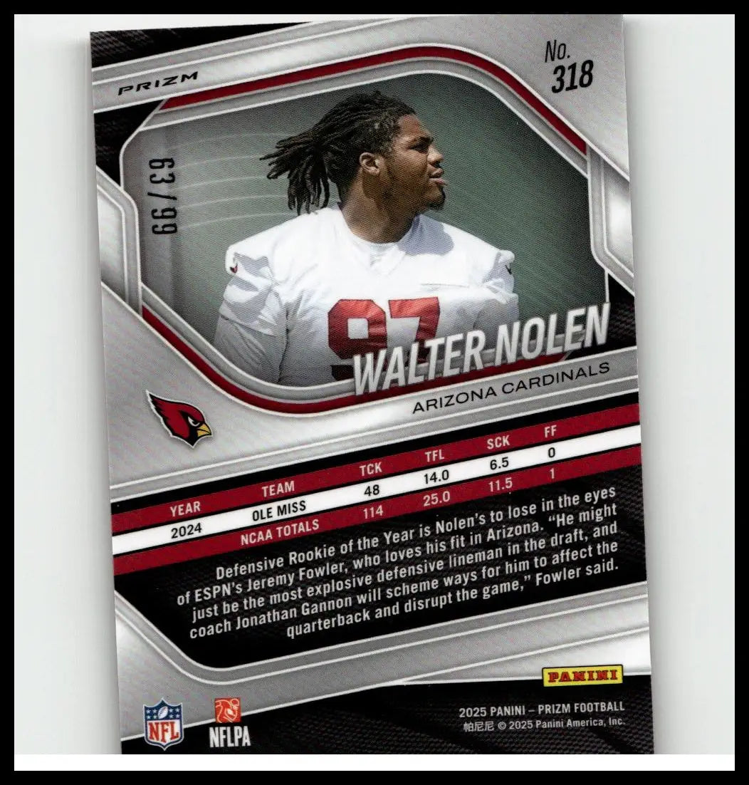 Silver and red prizm football trading card featuring walter nolen rookie in white jersey number 97 from 2025 panini prizm