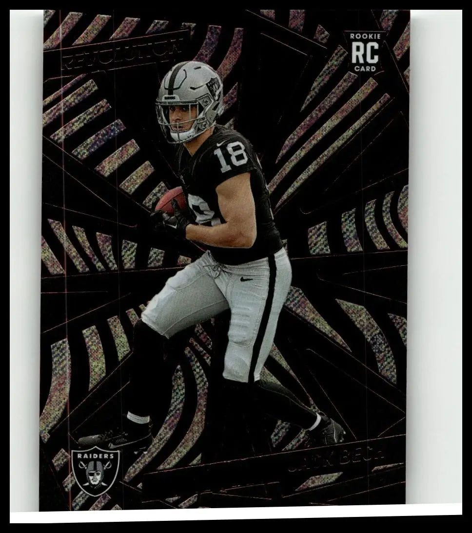 Black and silver oakland raiders rookie rc trading card 2025 panini revolution #213 featuring jack bech in action