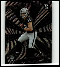 Black and silver oakland raiders rookie rc trading card 2025 panini revolution #213 featuring jack bech in action