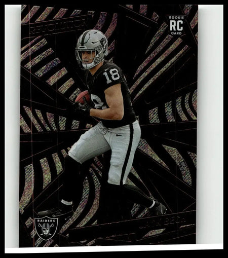 Black and silver oakland raiders rookie rc trading card 2025 panini revolution #213 featuring jack bech in action