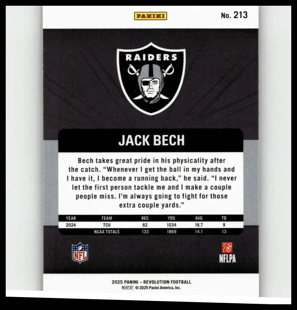 Black and white nfl trading card featuring jack bech of the raiders with bold team logo from 2025 panini revolution