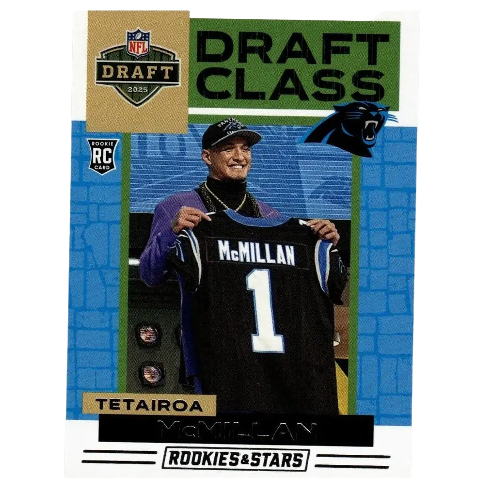Black and blue panini rookies 2025 draft card featuring tetairoa mcmillan holding number one jersey mcmillan draft class