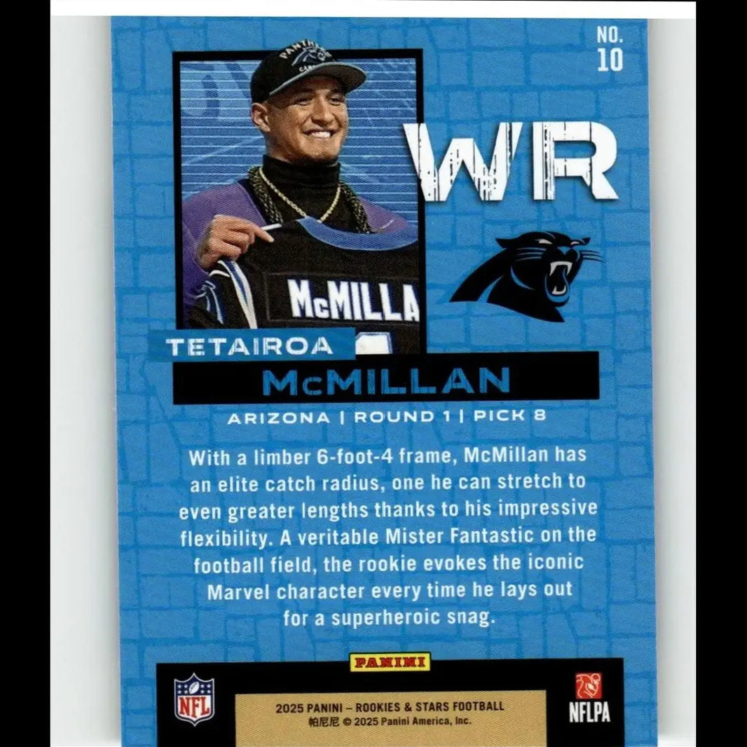 Blue and black panini rookies football trading card featuring tetairoa mcmillan draft class rookie wide receiver