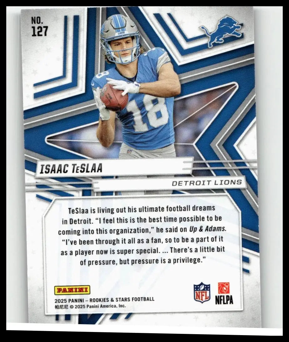 Blue and silver detroit lions football trading card 2025 panini rookies stars #127 isaac teslaa true blue numbered 149