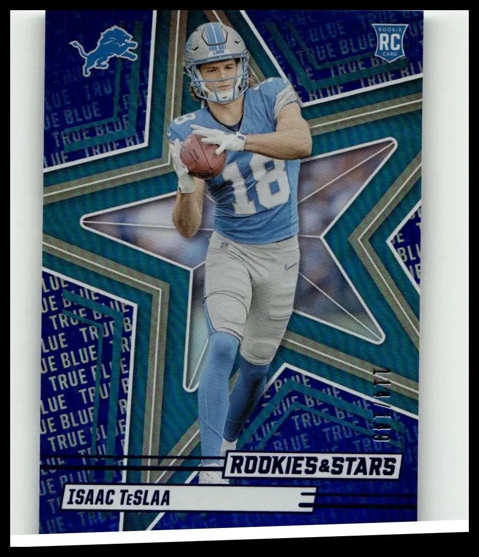 Blue and silver detroit lions rookie football card featuring isaac teslaa true blue in team uniform 2025 panini