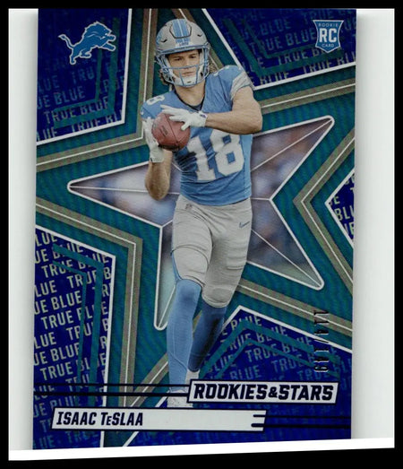 Blue and silver detroit lions rookie football card featuring isaac teslaa true blue in team uniform 2025 panini