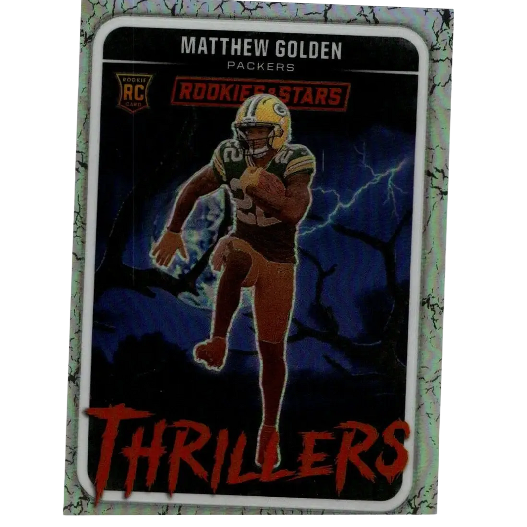 Green and gold football trading card of matthew golden in dynamic running pose with lightning background from panini rookies golden thrillers silver