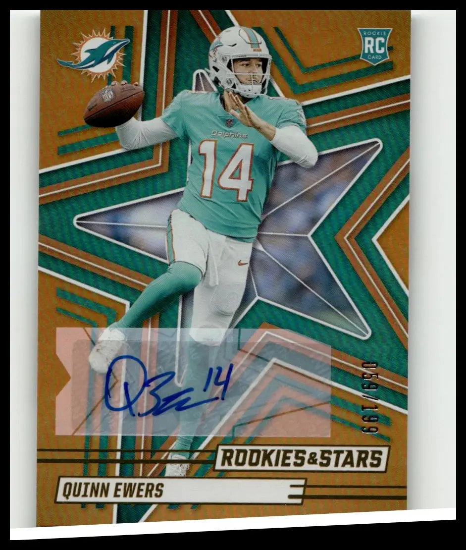 A signed 2025 panini rookies stars quinn ewers rookie signatures orange card featuring ewers in teal and white uniform