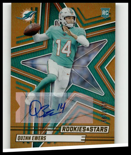 A signed 2025 panini rookies stars quinn ewers rookie signatures orange card featuring ewers in teal and white uniform