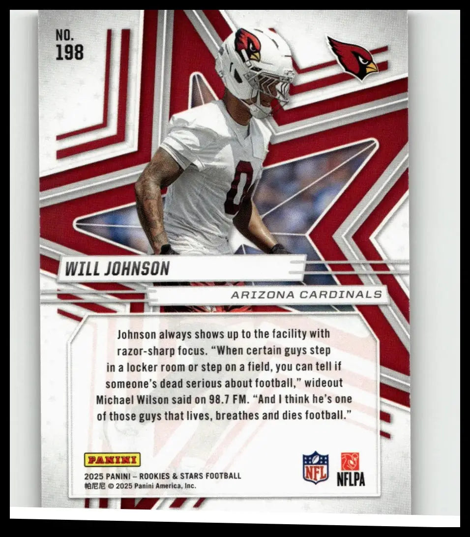 White football helmet with red cardinal logo and black face mask featuring a glossy finish in panini rookies johnson purple action figure