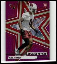 A vibrant panini rookies purple trading card featuring johnson in a white jersey with red star-patterned background