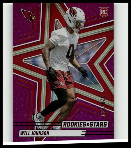 A vibrant panini rookies purple trading card featuring johnson in a white jersey with red star-patterned background