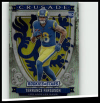 Blue and yellow los angeles rams rookie football trading card featuring terrance ferguson crusade silver in action