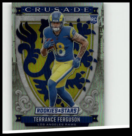 Blue and yellow los angeles rams rookie football trading card featuring terrance ferguson crusade silver in action