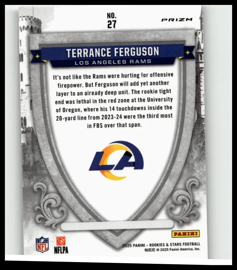 Silver and blue ornate football trading card of terrance ferguson from 2025 panini rookies and stars ferguson crusade silver