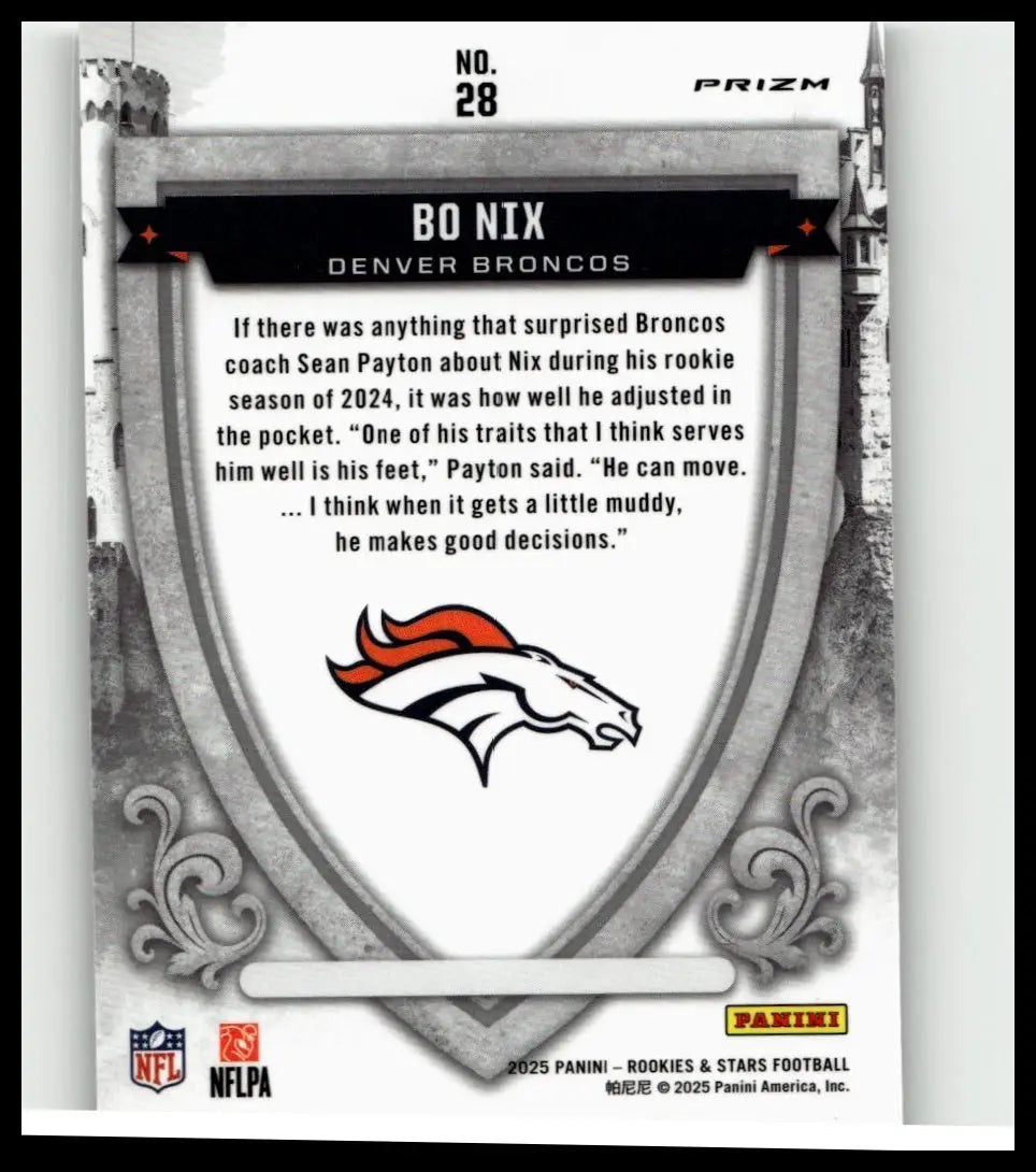 Black and white panini rookies football card featuring denver broncos logo with red accents nix crusade silver