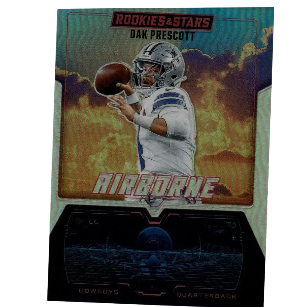 Silver helmeted dak prescott airborne football card with holographic iridescent background from 2025 panini rookies airborne silver series