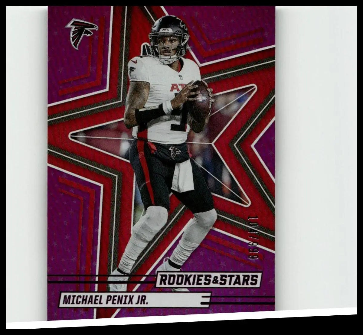 A vibrant purple and red star-patterned panini rookies trading card featuring michael penix jr numbered 89 of 999
