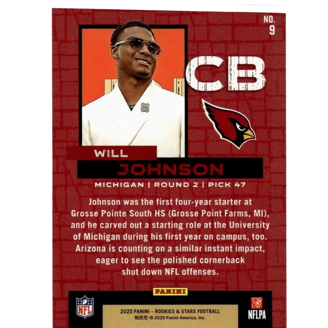 Red and white panini rookies nfl trading card featuring will johnson number 9 cornerback from johnson draft class 2025