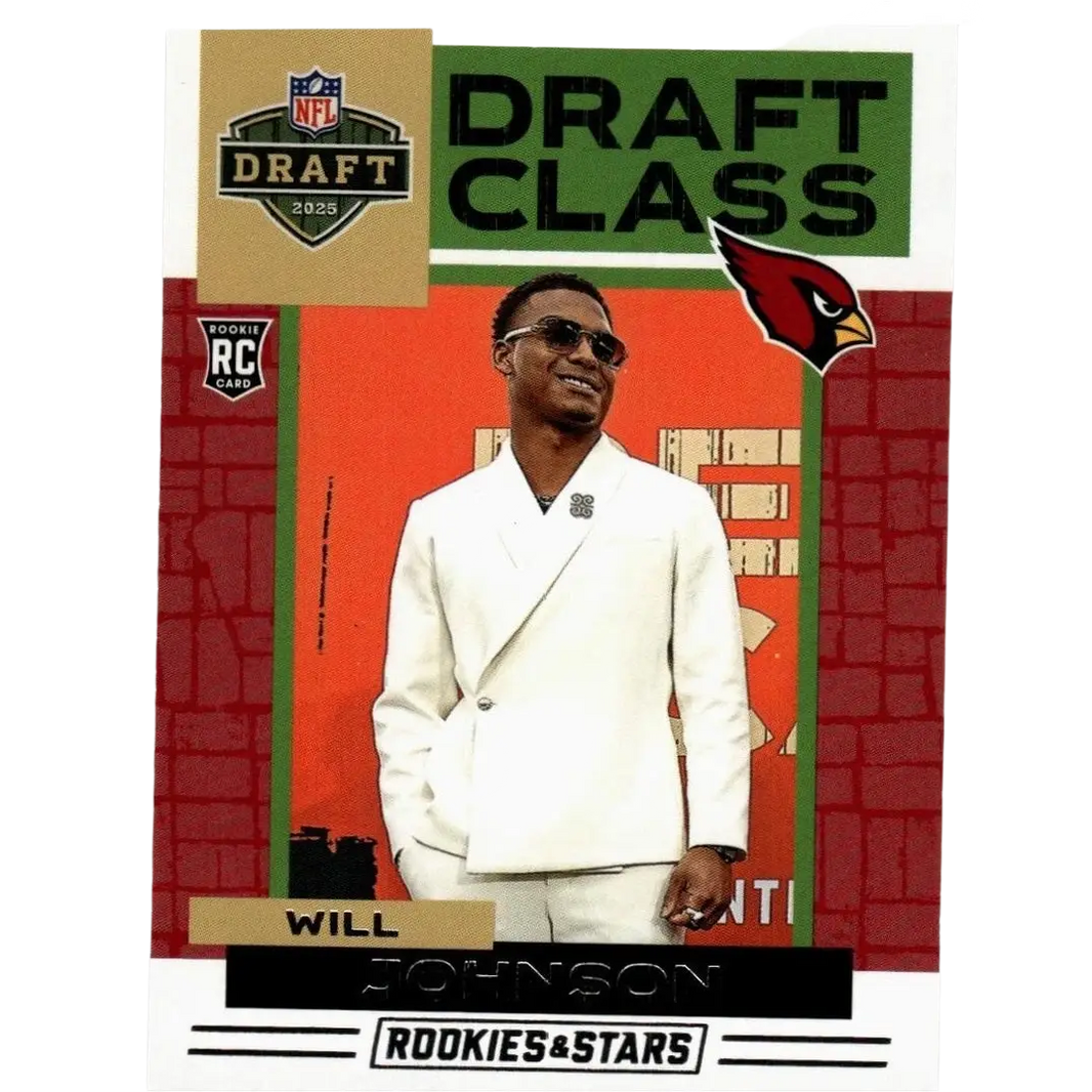 White double-breasted suit worn by Will Johnson on 2025 Panini Rookies and Stars #9 Johnson draft class rookie card