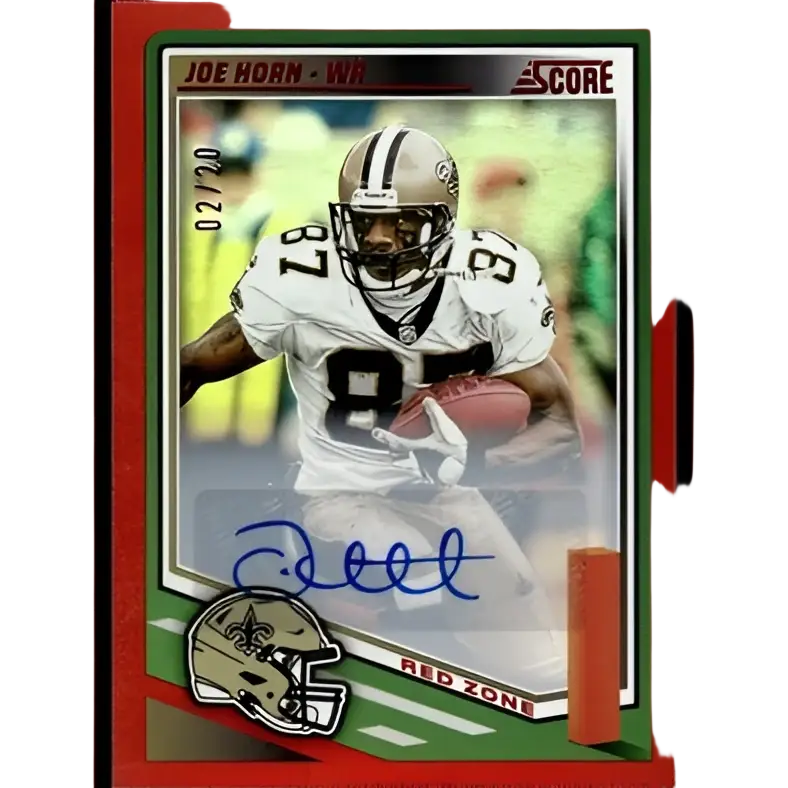 Red-bordered panini score auto red zone football card featuring joe horn in new orleans saints jersey and helmet