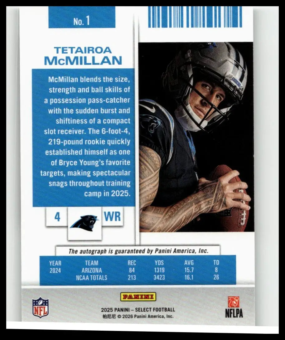 Silver and black football helmet with nike swoosh on 2025 panini select #1 tetairoa mcmillan contenders rookie ticket rps