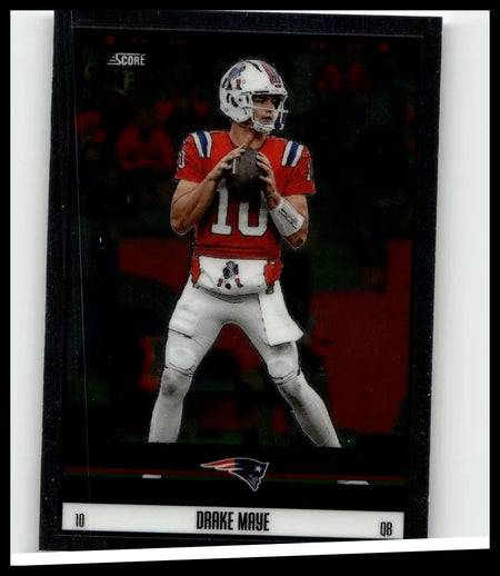 Black-framed 2025 Panini Select #11 drake maye score select football card featuring player in red jersey holding ball