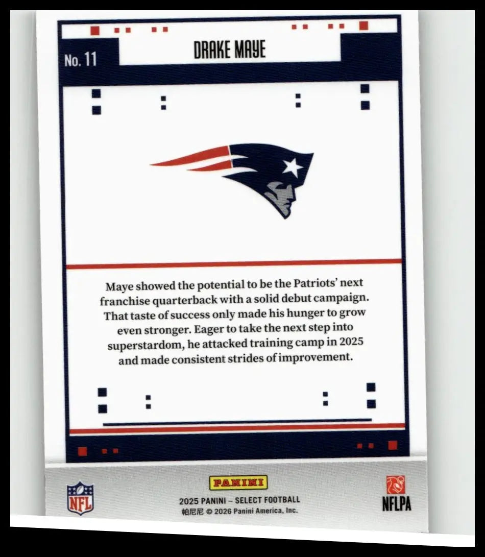 White and navy blue 2025 panini select drake maye score select throwback nfl trading card with new england patriots logo and red accents