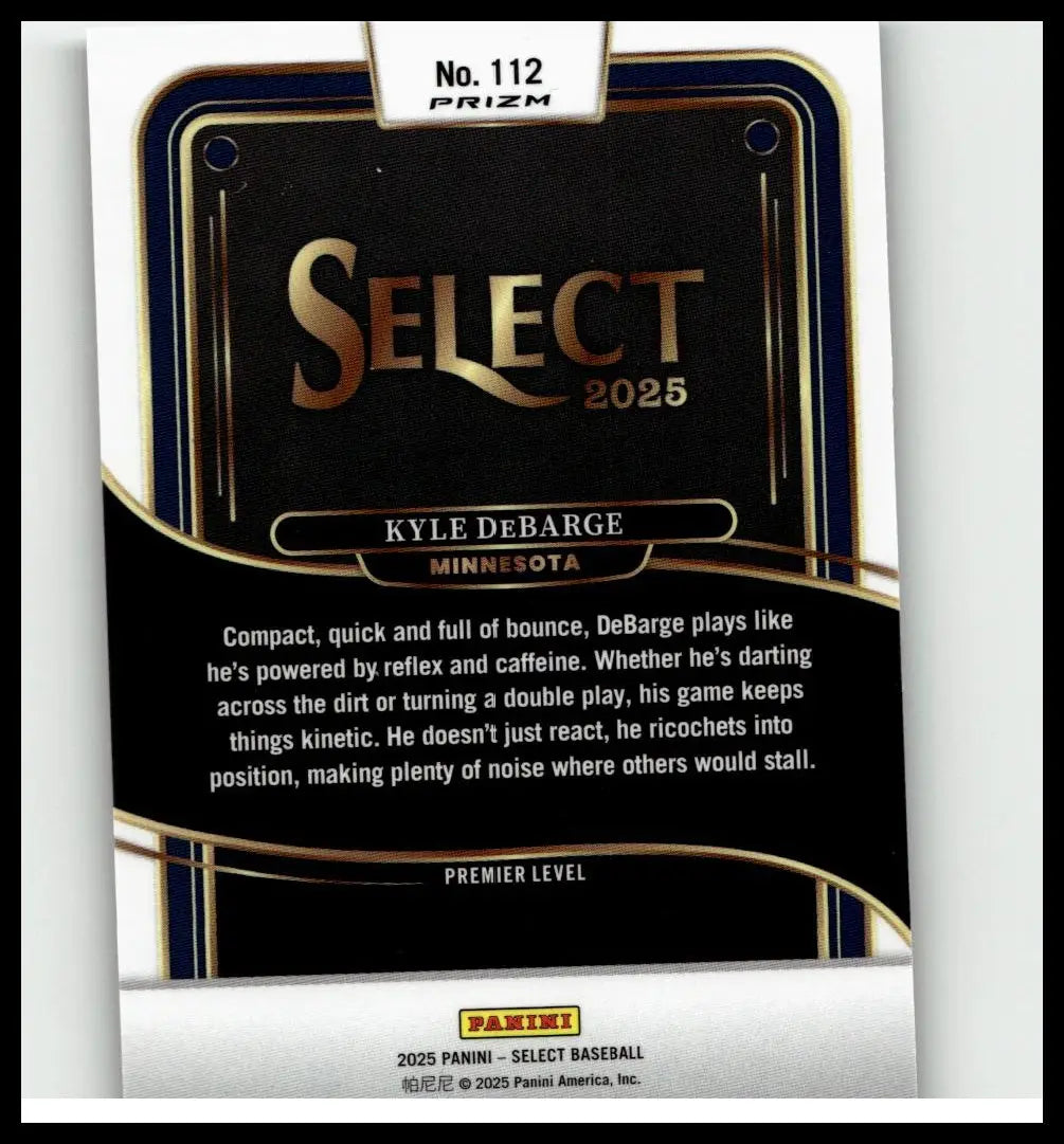 Black and gold panini select 2025 baseball trading card featuring kyle debarge with sleek metallic tri-color prizms design