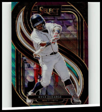 A glossy iridescent 2025 panini select tri-color prizms baseball trading card of kyle debarge mid-swing in white uniform