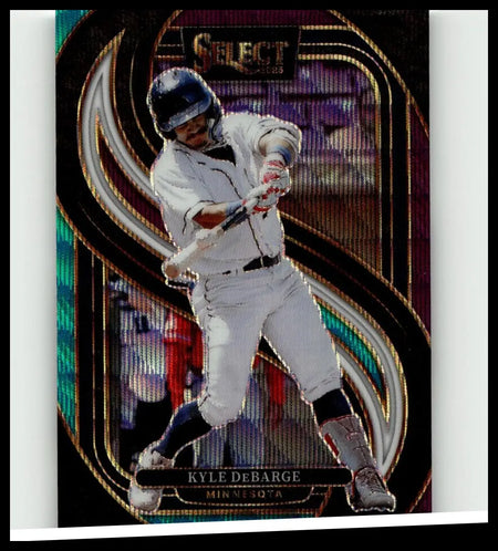 A glossy iridescent 2025 panini select tri-color prizms baseball trading card of kyle debarge mid-swing in white uniform