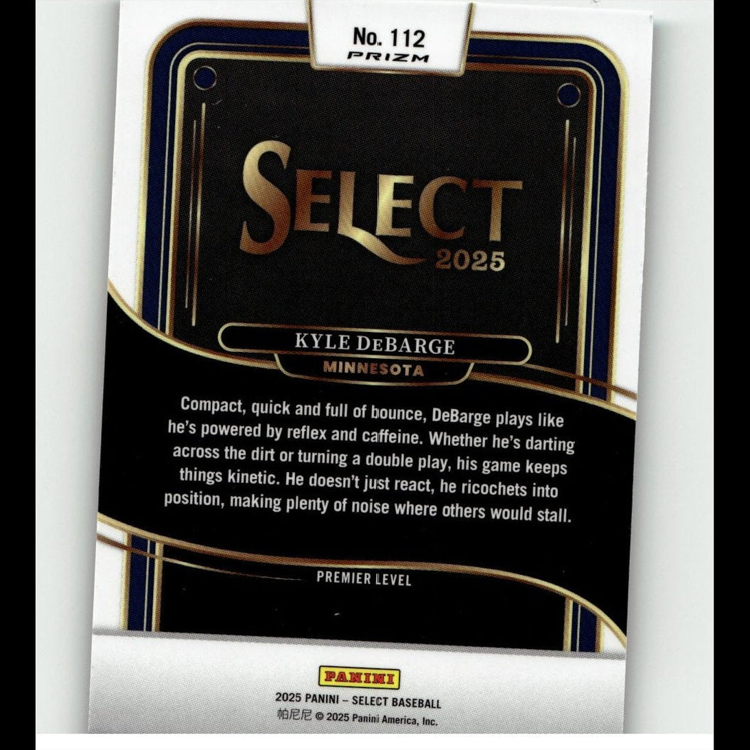 Black and gold ’select 2025’’ baseball trading card featuring kyle debarge of minnesota, with a sleek metallic finish and navy blue accents.