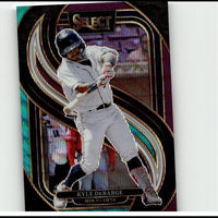 A glossy, iridescent baseball trading card featuring kyle debarge in a white uniform and blue helmet mid-swing.