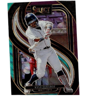 A glossy, iridescent baseball trading card featuring kyle debarge in a white uniform and blue helmet mid-swing.