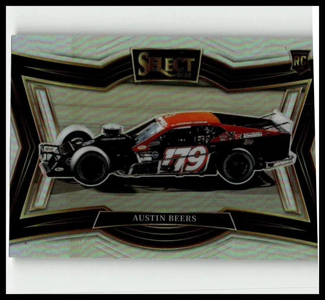 Black and orange nascar race car number 79 with sponsor decals featured on 2025 panini select austin beers silver prizms card