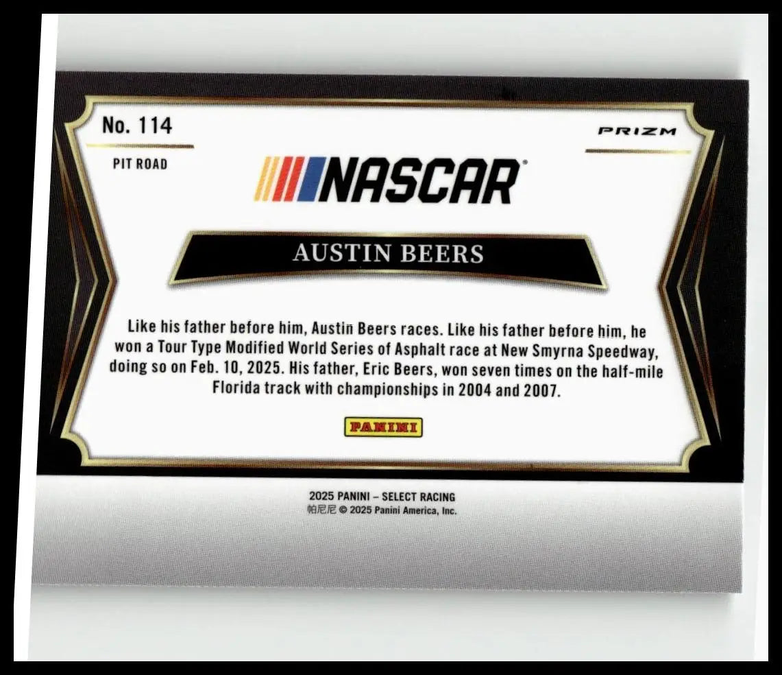 Black and white nascar trading card featuring austin beers silver prizms numbered 114 with gold trim accents