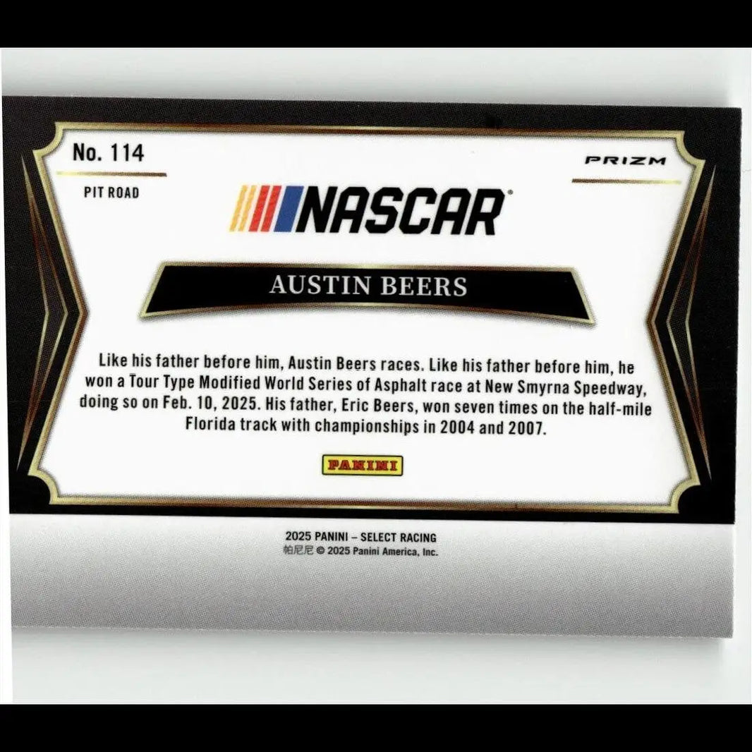 Nascars trading card of austin beers from 2025 panini select numbered 114 pit road with black white and gold trim