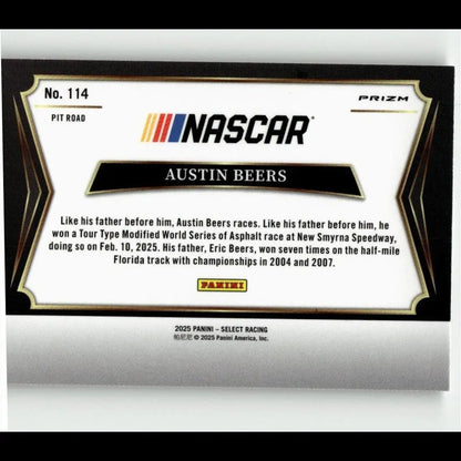 Nascars trading card of austin beers from 2025 panini select numbered 114 pit road with black white and gold trim