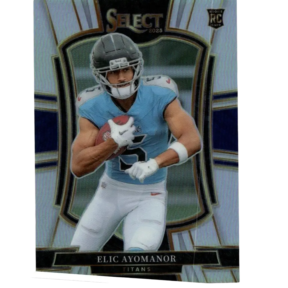 2025 panini select #127 elic ayomanor silver prizm football card showing ayomanor in light blue titans jersey and gray helmet