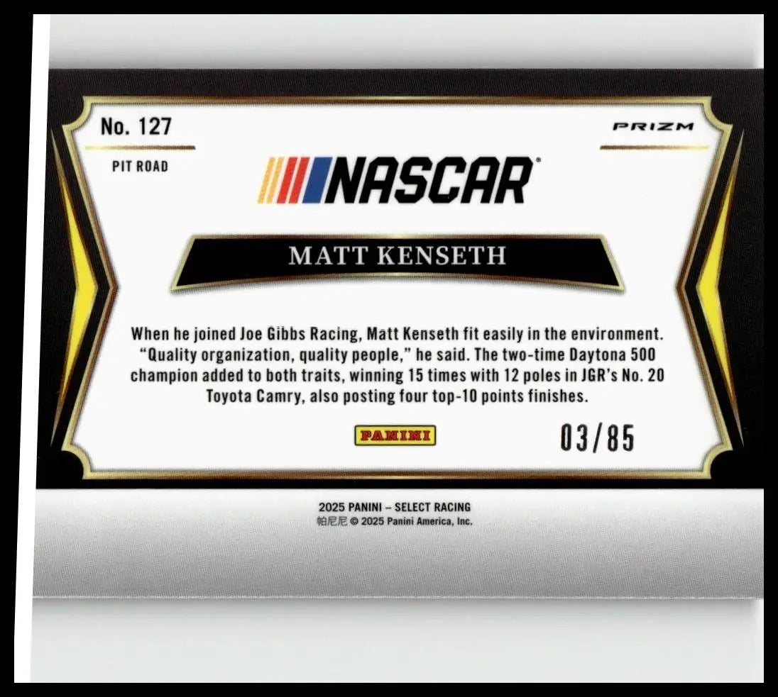 Nascar trading card of matt kenseth with black white and gold design from 2025 panini select kenseth purple prizms
