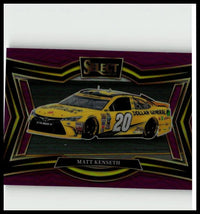 Yellow and black nascar race car trading card featuring matt kenseth purple prizms 2025 panini select #127 #/85