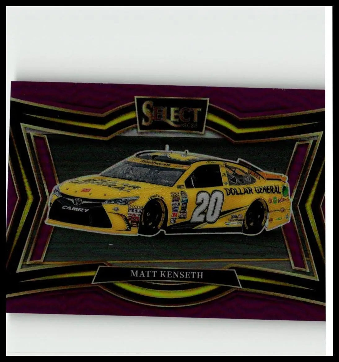 Yellow and black nascar race car trading card featuring matt kenseth purple prizms 2025 panini select #127 #/85