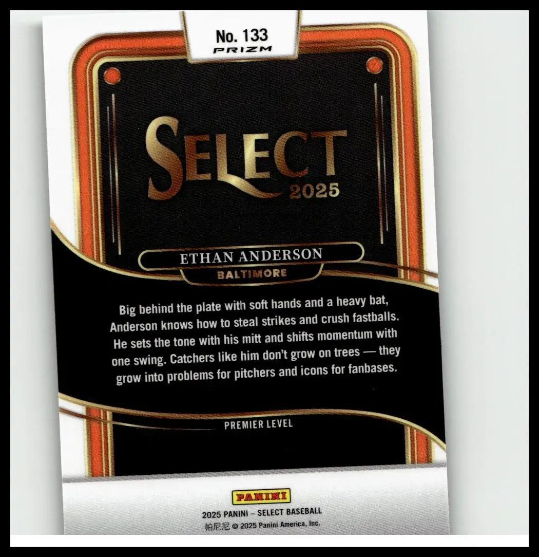 Black and gold ethan anderson baseball trading card from the 2025 panini select tri-color prizms series